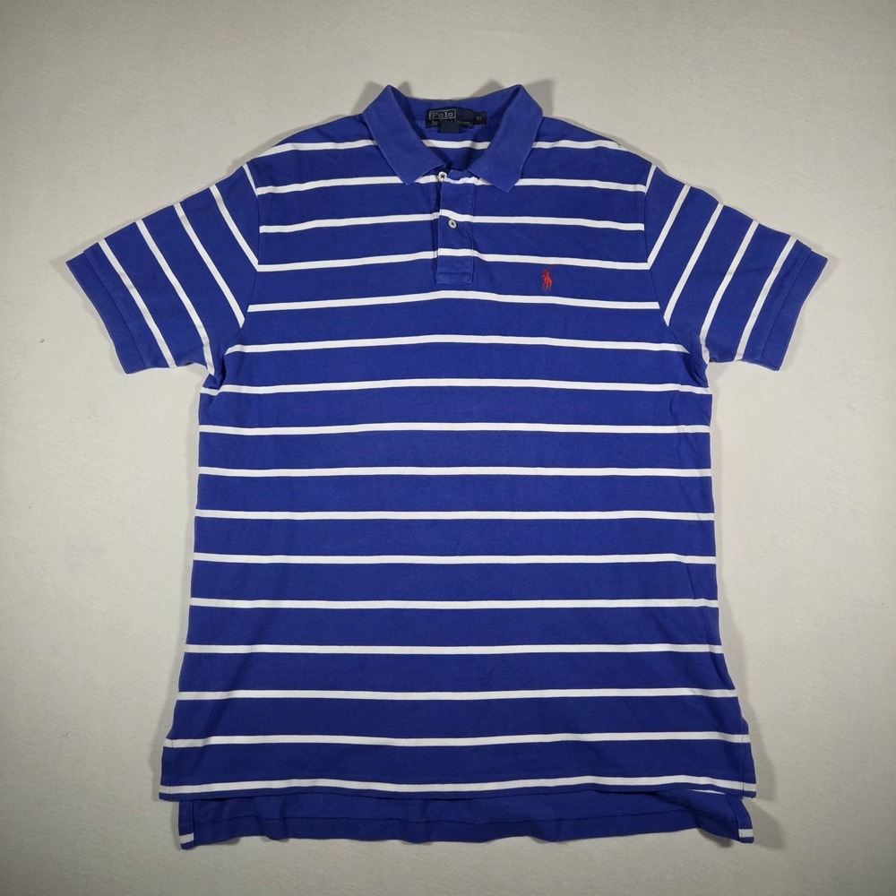 Vintage‎ Polo Ralph Lauren Shirt Short Sleeve Collared Blue And White Stripe